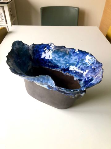 El Yapımı Stonware Mavi Akıtmalı Saksı