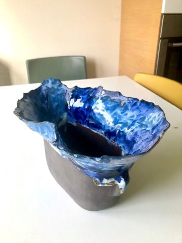 El Yapımı Stonware Mavi Akıtmalı Saksı