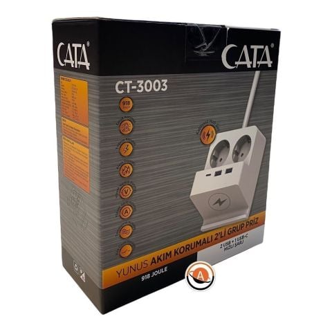 Cata Akım Korumalı Yunus 2' Li Grup Priz 2 Usb'li 1,5 Mt KLablolu Ct-3003