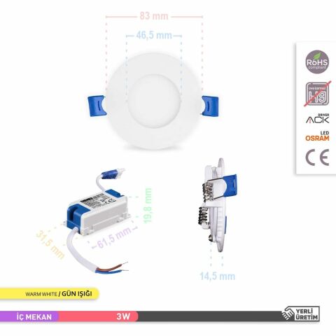 Ack 3w Ilık Beyaz 4000k Slim Led Panel Yuvarlak Alüminyum AP01-00310