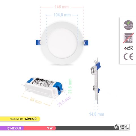 Ack 9w Günışığı 3000k Slim Led Panel Yuvarlak Alüminyum AP01-00900