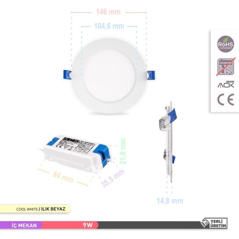Ack 9w Ilık Beyaz 4000k Slim Led Panel Yuvarlak Alüminyum AP01-00910