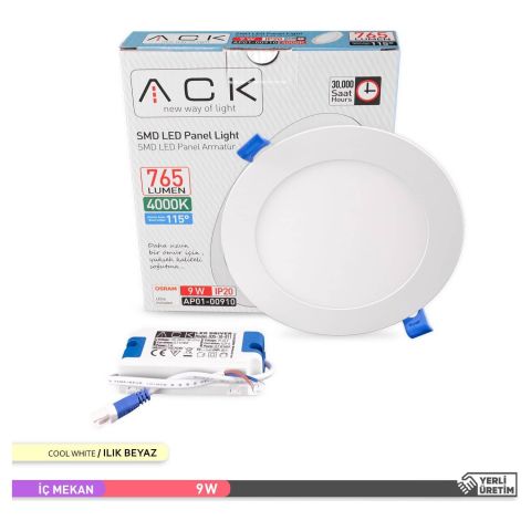 Ack 9w Ilık Beyaz 4000k Slim Led Panel Yuvarlak Alüminyum AP01-00910