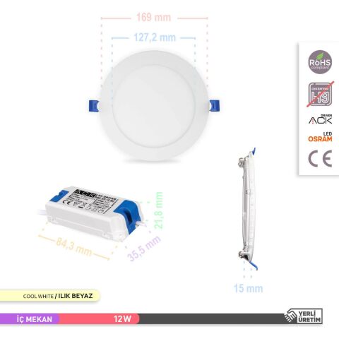 Ack 12w Ilık Beyaz 4000k Slim Led Panel Yuvarlak Alüminyum AP01-01210