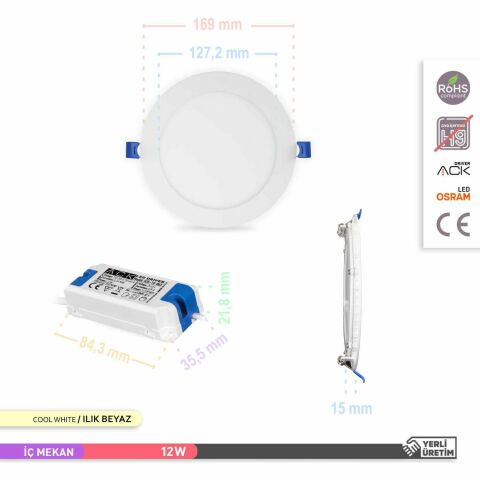 Ack 12w Beyaz Işık 6500k Slim Led Panel Yuvarlak Alüminyum AP01-01230