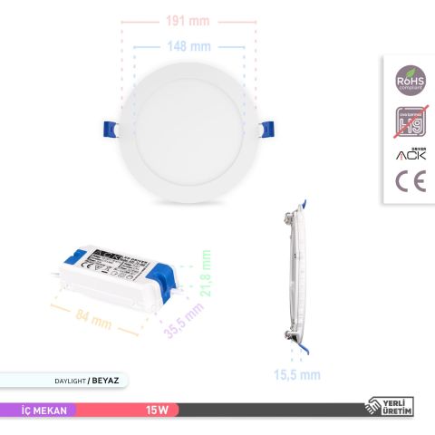 Ack 15w Beyaz Işık 6500k Slim Led Panel Yuvarlak Alüminyum AP01-01530