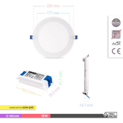 Ack 18w Günışığı 3000k Slim Led Panel Yuvarlak Alüminyum AP01-01800