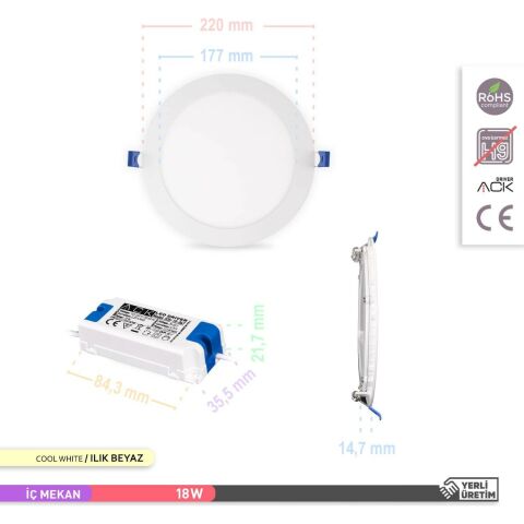 Ack 18w Ilık Beyaz 4000k Slim Led Panel Yuvarlak Alüminyum AP01-01810