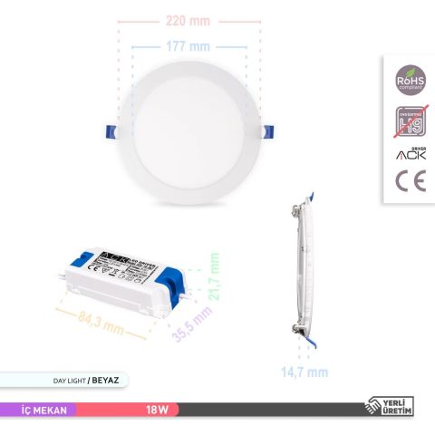 Ack 18w Beyaz Işık 6500k Slim Led Panel Yuvarlak Alüminyum AP01-01830