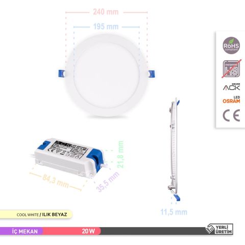 Ack 20w Ilık Beyaz 4000k Slim Led Panel Yuvarlak Alüminyum AP01-02010