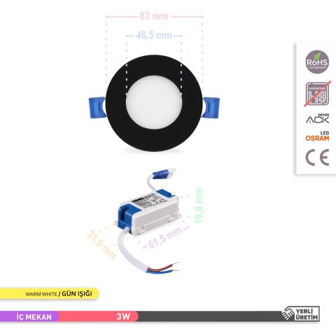 Ack 3w Günışığı 3000k Siyah Kasa Slim Led Panel Yuvarlak AP01-00301