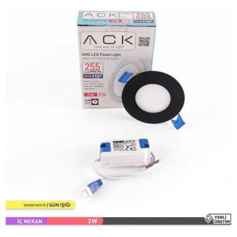 Ack 3w Günışığı 3000k Siyah Kasa Slim Led Panel Yuvarlak AP01-00301