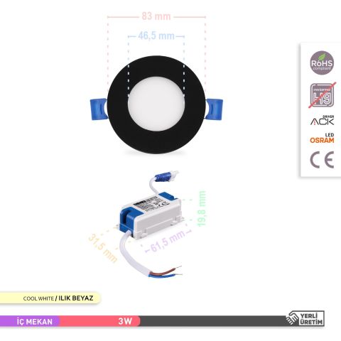 Ack 3w Ilık Beyaz 4000k Siyah Kasa Slim Led Panel Yuvarlak AP01-00311