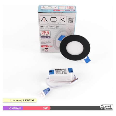 Ack 3w Ilık Beyaz 4000k Siyah Kasa Slim Led Panel Yuvarlak AP01-00311
