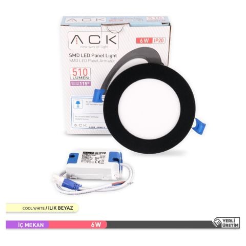Ack 6w Ilık Beyaz 4000k Siyah Kasa Slim Led Panel Yuvarlak AP01-00611
