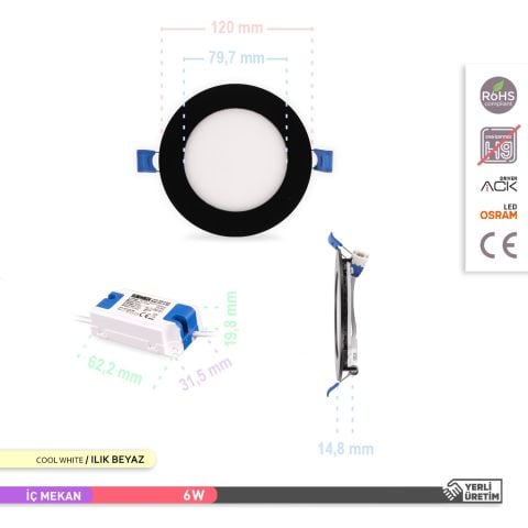 Ack 6w Ilık Beyaz 4000k Siyah Kasa Slim Led Panel Yuvarlak AP01-00611