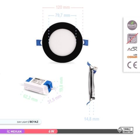 Ack 6w Beyaz Işık 6500k Siyah Kasa Slim Led Panel Yuvarlak AP01-00631