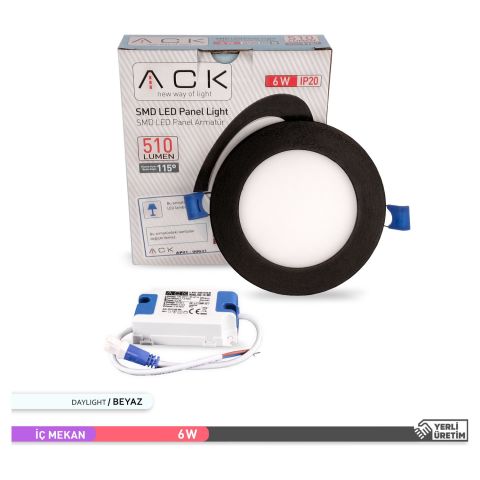 Ack 6w Beyaz Işık 6500k Siyah Kasa Slim Led Panel Yuvarlak AP01-00631