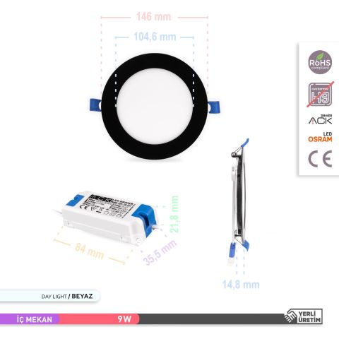 Ack 9w Beyaz Işık 6500k Siyah Kasa Slim Led Panel Yuvarlak AP01-00931