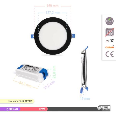 Ack 12w Ilık Beyaz 4000k Siyah Kasa Slim Led Panel Yuvarlak AP01-01211