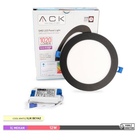 Ack 12w Ilık Beyaz 4000k Siyah Kasa Slim Led Panel Yuvarlak AP01-01211