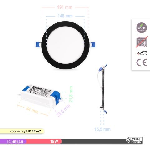 Ack 15w Ilık Beyaz 4000k Siyah Kasa Slim Led Panel Yuvarlak AP01-01511