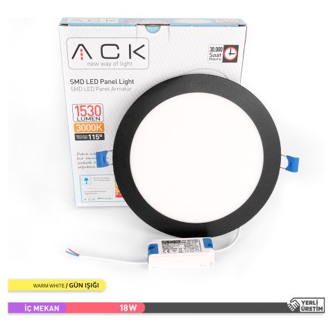 Ack 18w Günışığı 3000k Siyah Kasa Slim Led Panel Yuvarlak AP01-01801