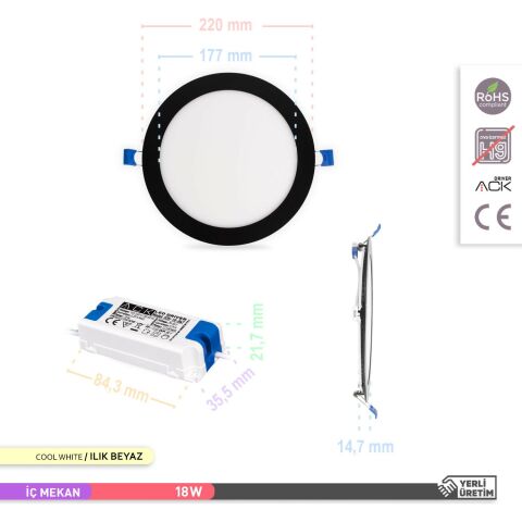 Ack 18w Ilık Beyaz 4000k Siyah Kasa Slim Led Panel Yuvarlak AP01-01811