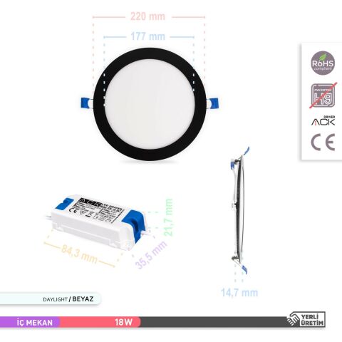 Ack 18w Beyaz Işık 6500k Siyah Kasa Slim Led Panel Yuvarlak AP01-01831