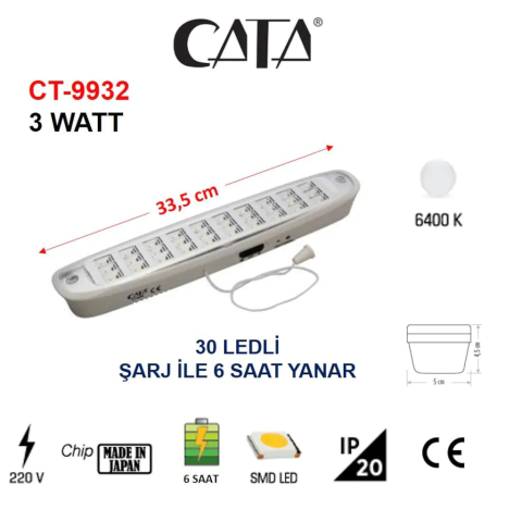Cata 30 Ledli Tuna 3w Şarjlı Işıldak 6 Saat Yanma Ct-9932