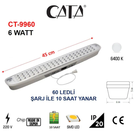 Cata 60 Ledli Tuna 6w Şarjlı Işıldak 10 Saat Ct-9960