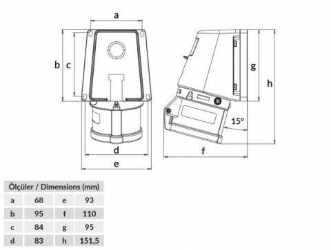 Bemis 5X16A 90 Derece Eğik Duvar Prizi IP 44 380 Volt BC1-1505-2535