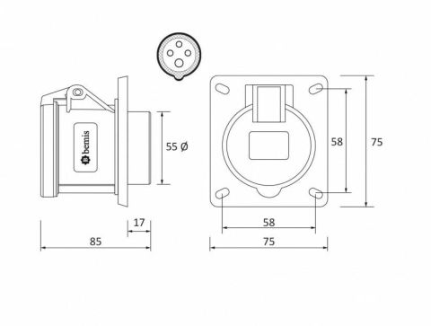 Bemis 4X32A Düz Makine Prizi IP 44 380 Volt BC1-3504-2413