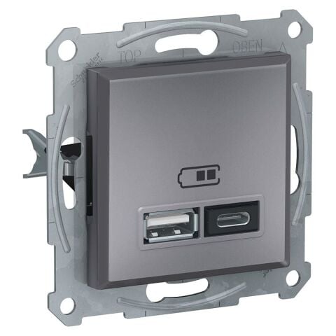 Schneider Asfora Plus Çelik USB Şarj Prizi 2.4A Type A+C Çerçevesiz - EPH2700362
